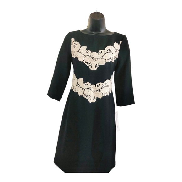 Maggy London black mod A-line style embroidered crochet mid sleeve dress size‎ 4 - Picture 5 of 15